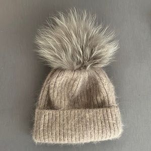 Linda Richards Mohair Wool Ribbed Genuine Fur Pom Beanie Hat Gray